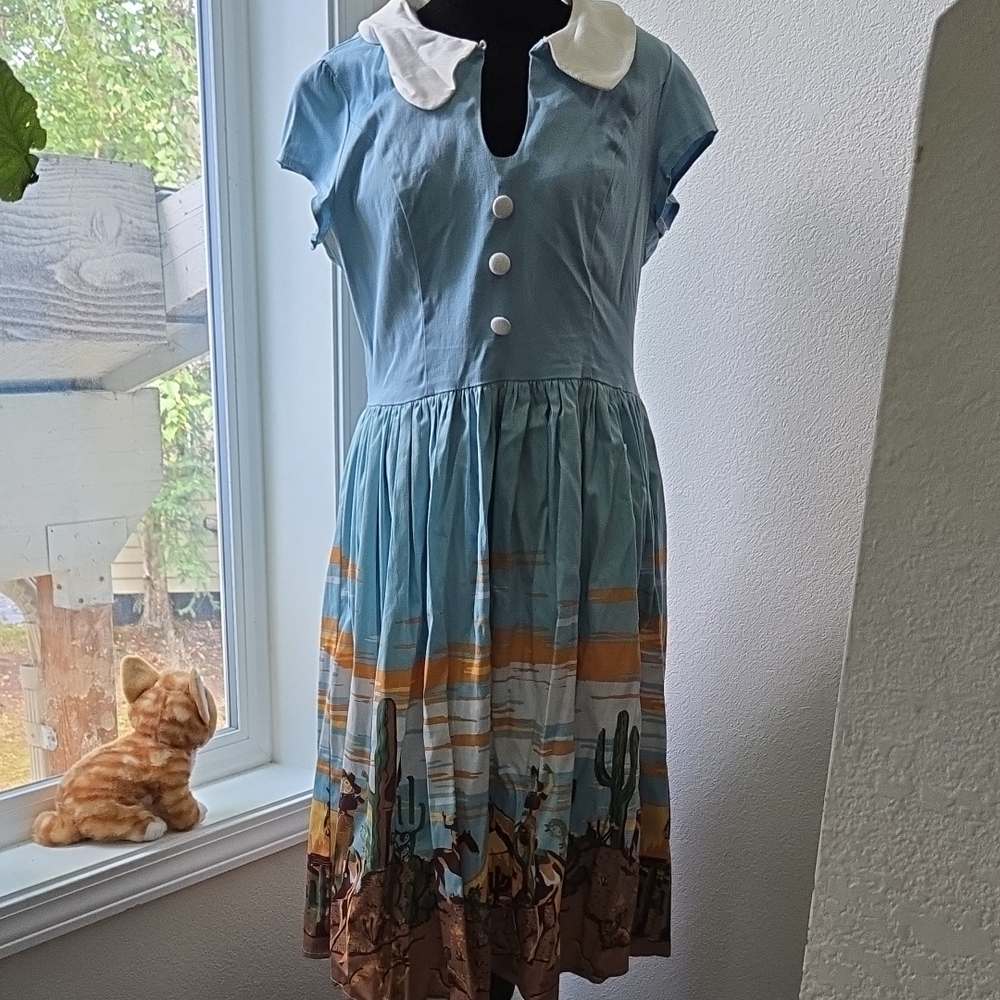 Dancing Days, Blue and White Button-Up Dress with Desert Print